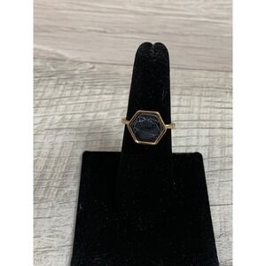 Gold Tone Hexagon Black Faux Marble Inlay Geometric Fashion Ring Size 7.5